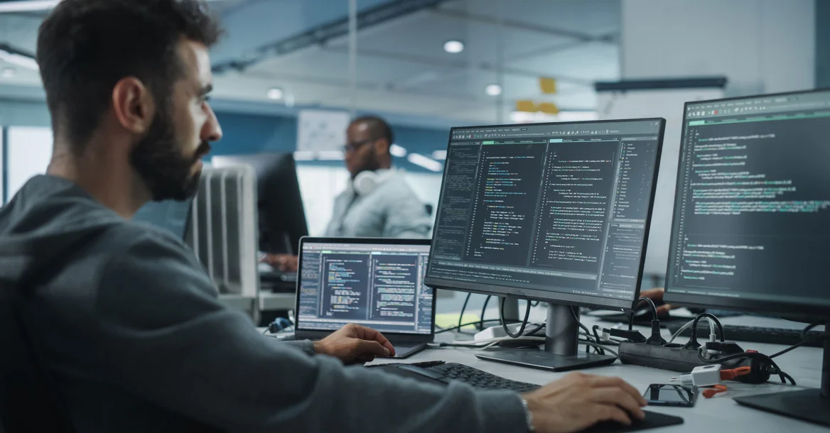 Technicien expérimenté programmant sur son ordinateur